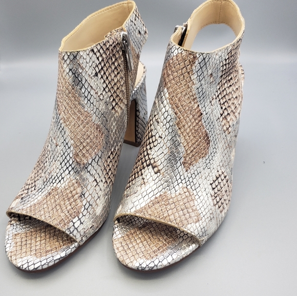 snakeskin open toe booties